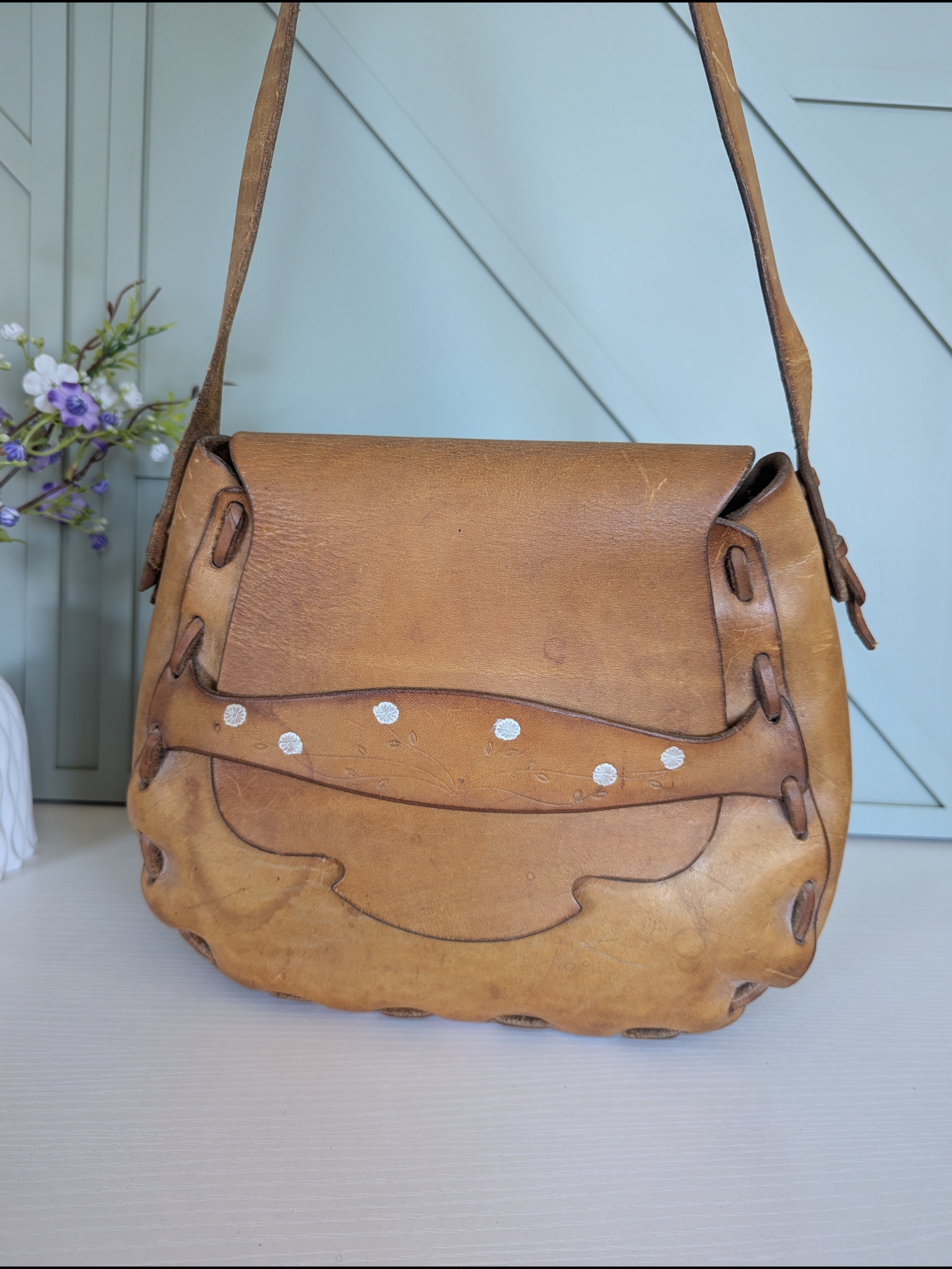 Vintage 1970s Hand-Crafted Leather Boho Handbag,
